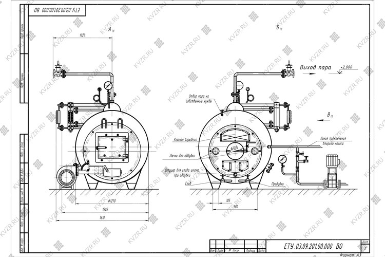 Чертеж парового котла Е 0.3 0.9 на твердом топливе