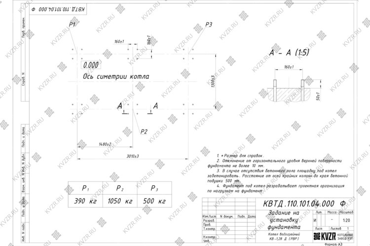 Чертеж фундамента котла на дровах 1280 кВт с ОУР